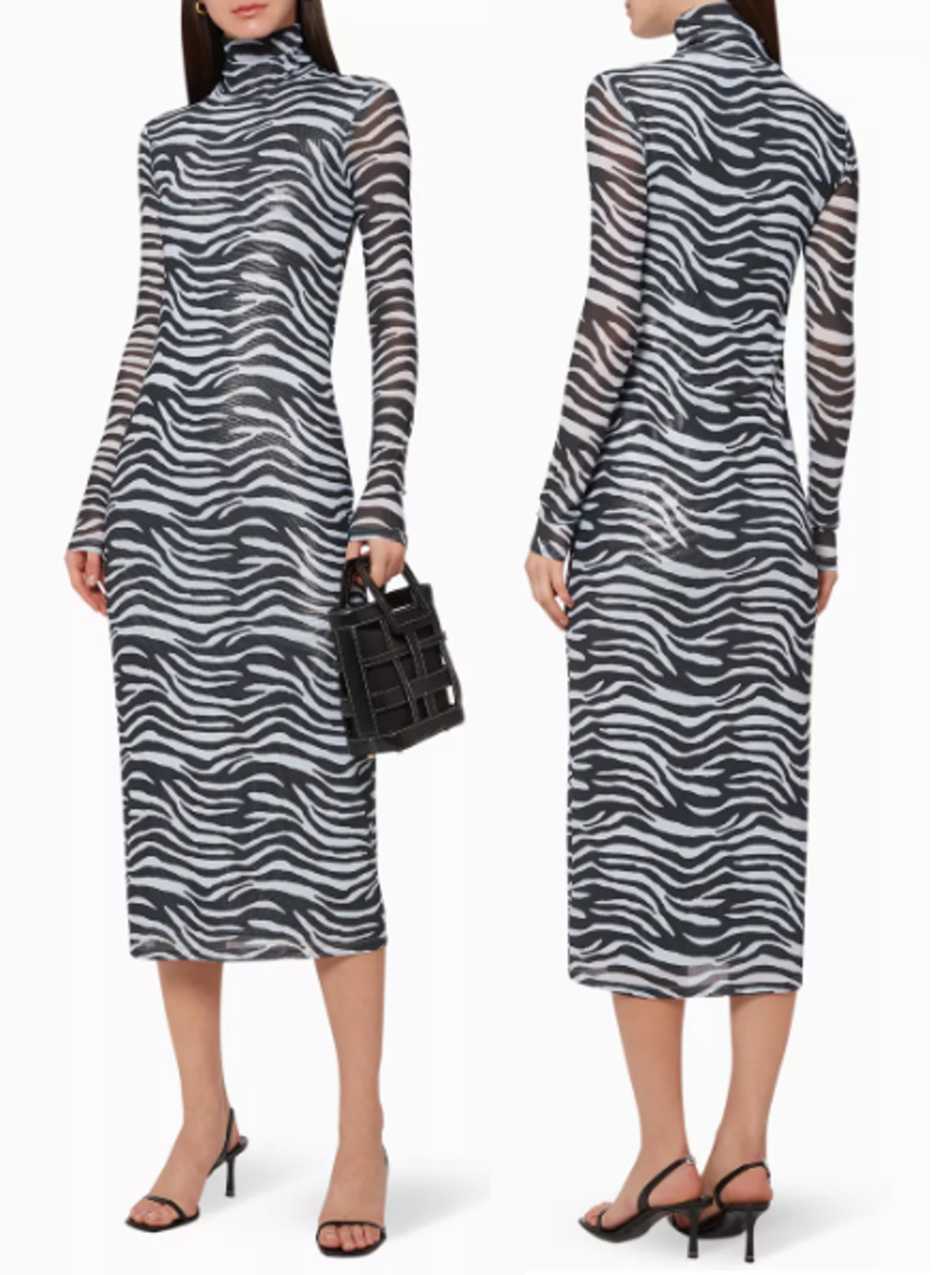 Staud Brae Zebra-Print Long Sleeve Turtleneck Bodycon Midi Dress White Black M